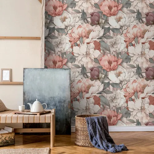 Vista 2 de Papel Tapiz Floral Vintage de Peonías Rosa Soñador/Blanco Despegar y Pegar Papel de Contacto Fácil de Despegar Papel Adhesivo Adherible para Pared