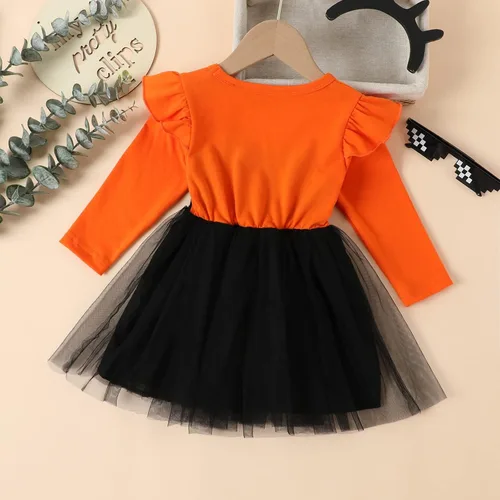 Vista 4 de Vestido de princesa de tul de malla de tul de manga larga para niños pequeños (naranja, 2-3 años)