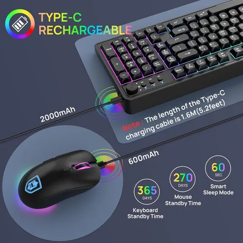 Vista 6 de KOLMAX BT98 - Combo de teclado y mouse inalámbricos, triple modo de 2.4 Gcon cableBluetooth, teclado y mouse para juegos, ergonómico recargable