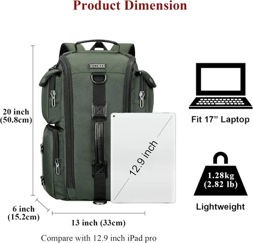 Vista 5 de WITZMAN Mochila de viaje para hombre, mochila de mano de gran capacidad, mochila para portátil de 17 pulgadas (6695 verde militar)