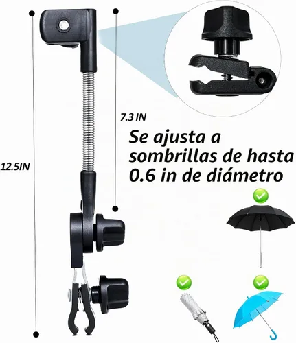 Vista 6 de Accesorio universal ajustable para sombrilla de cochecito de 360°, soporte de paraguas para sillas, bicicletas y sillas de ruedas, abrazadera