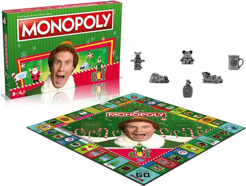 Vista 2 de Winning Moves Juego de mesa de monopolio elfo, elige tu ficha festiva y avanza al taller de Papá Noel y al edificio Empire State, ahorra Navidad