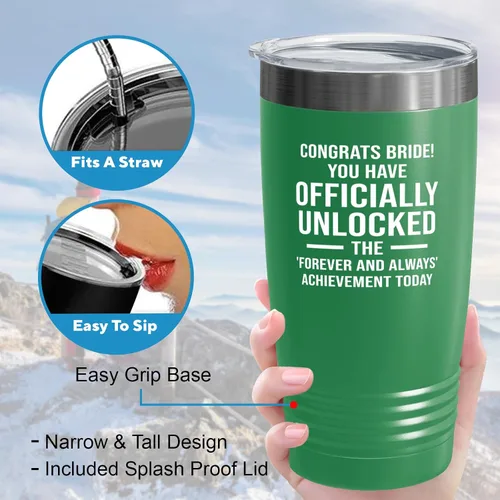 Vista 4 de Bride Tumbler 20oz Green -Officially Unlocked - Bride To Be Gifts Bridal Shower Wedding New Bride Mr Mrs Bachelorette Party Fiancee Newly Engaged