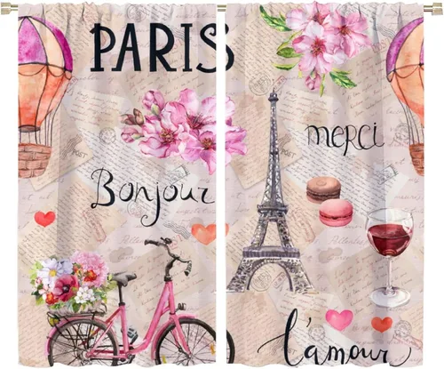 Vista 28 de Cortinas de la Torre Eiffel de París, pintura al óleo, flores moradas, torres de ciudad, con bolsillo para barra, cortinas de ventana