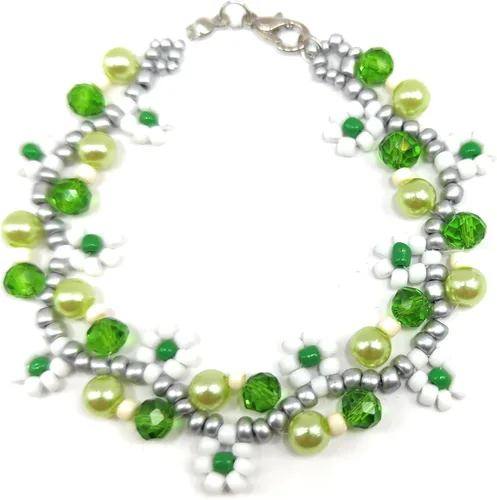 Vista 3 de Elegante brazalete para dama hecho a mano de perlas fantasia, cuentas de vidrio y cristales de 8" de largo, ideal para regalo, se envía empaque