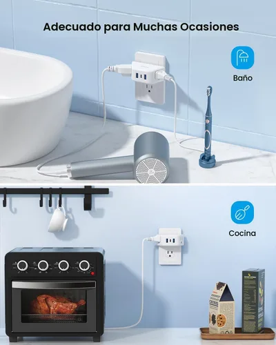 Vista 7 de TROND Extensor de salida con USB, divisor de pared con 2 tomas AC, 3 puertos USB, adaptador de enchufe de pared de diseño de 3 lados, elementos