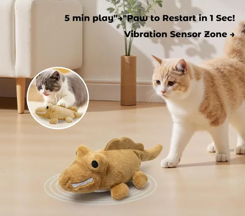 Vista 6 de Juguetes interactivos para gatos de interior – Caimán de movimiento automático con movimiento aleatorio de 360° y meneo de cola, juguete