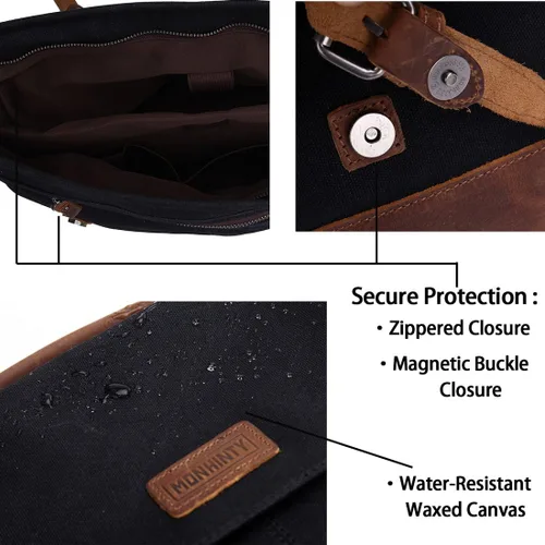 Vista 7 de Bolsa de mensajero para portátil de 15.6 pulgadas para hombres, lona encerada, vintage, de cuero, maletín de negocios, bolsas de hombro impermeables