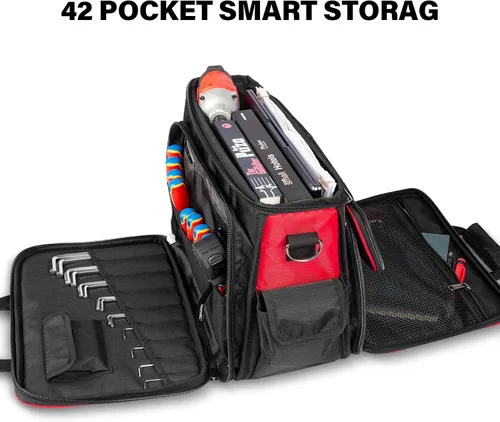 Vista 3 de HAUTMEC HT0408 - Bolsa de herramientas para técnicos de alta resistencia, 42 bolsillos 1680D, con compartimento para portátil, base dura resistente