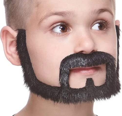 Vista 2 de Mustaches Barba falsa autoadhesiva para niños, novedosa, pequeño pelo facial falso, accesorio de disfraz para niños, color negro brillante