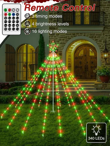 Vista 3 de Luces de árbol de Navidad para exteriores, 340 luces LED de decoración de Navidad con estrella superior, luz de Navidad impermeable IP67 con 16