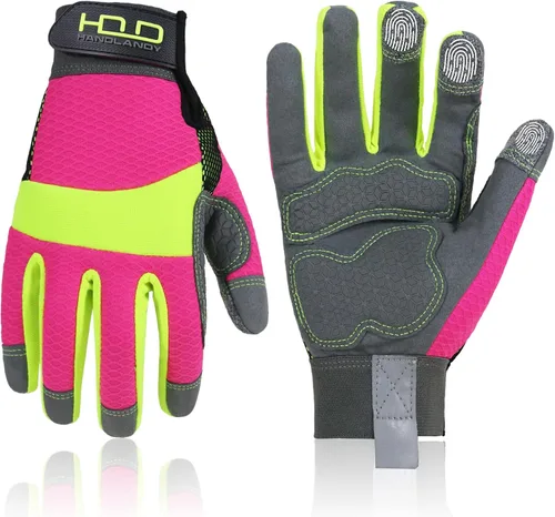 Vista 16 de HANDLANDY Guantes de trabajo para mujer, guantes de jardinería de cuero transpirable para mantenimiento de patio, protección de manos con pantalla