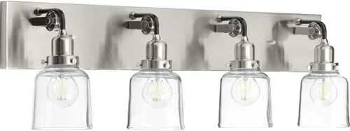Vista 29 de Progress Lighting Rushton Collection - Lámpara de tocador de baño de cristal transparente (1 lámpara), níquel cepillado