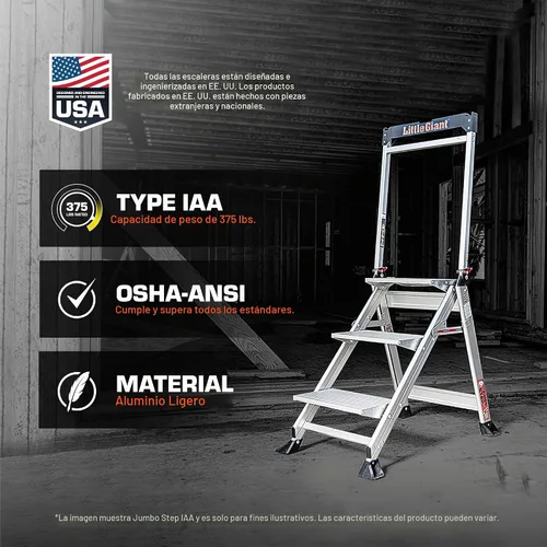 Vista 7 de Escaleras Little Giant Jumbo Step, taburete plegable de 3 pasos, 2.2 pies de aluminio, con plataforma, pasamanos y bandeja para herramientas
