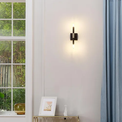 Vista 2 de GLOBE Electric 65000044 Aplique de pared de 2 luces, negro mate, acento de latón antiguo, zócalos de base E12, luces para sala de estar, decoración