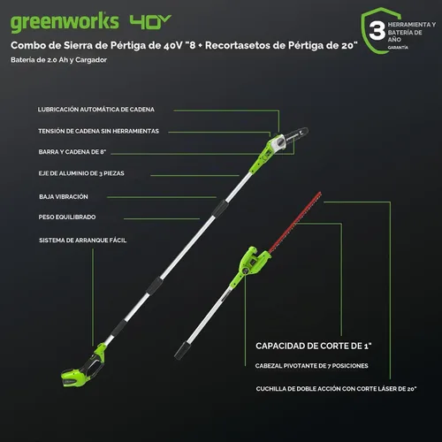 Vista 2 de Greenworks Kit de cortasetos de sierra de poste de 40 V y 8 pulgadas, batería de 2.0 Ah y cargador