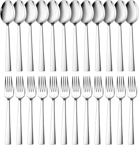 Vista 8 de E-far Juego de Cubiertos de 24 Piezas de Tenedores y Cucharas Martillados, Acero Inoxidable Cuadrado, 12 Tenedores de Cena y 12 Cucharas de Cena