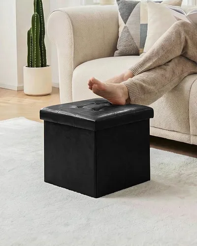 Vista 2 de B FSOBEIIALEO Cubo pequeño otomano de almacenamiento, reposapiés, asiento de piel sintética para dormitorio, color negro, 12.6 x 12.6 x 12.6