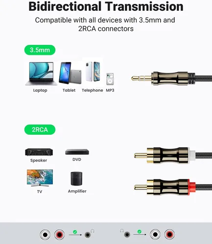 Vista 4 de FAWETTY Cable de 0.138 in a 2RCA, adaptador de conector macho a macho, nailon trenzado de 1/8 a RCA, cable Y de audio chapado en oro, para teléfonos