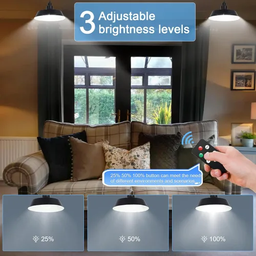 Vista 2 de Luces colgantes solares para exteriores, luz solar para cobertizo con panel ajustable de 360°, iluminación regulable con control remoto, cable