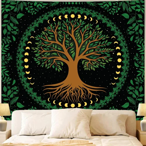 Vista 10 de Apdidl Tapiz Verde del Árbol de la Vida para Dormitorio, Colgante de Pared de Árbol Natural Estético, Tapices Bohemios Hippie Arte de Pared, Manta