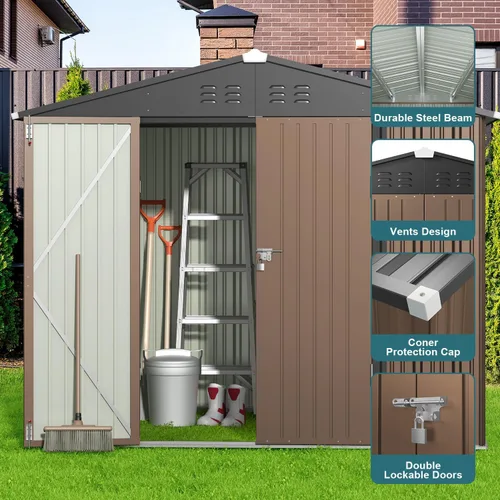 Vista 6 de Gizoon Cobertizo de almacenamiento para exteriores de 8 x 6 pies, cobertizo de jardín de metal galvanizado con puertas dobles con cerradura, Marrón
