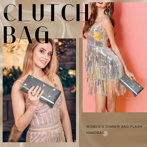 Vista 6 de Tessco Bolso de noche para mujer con purpurina para mujer, para noche, boda, fiesta, graduación, bolso de diamantes de imitación con cadena
