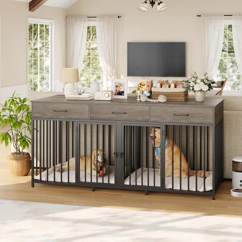 Vista 2 de HOSTACK Mueble doble para perros, perrera de 71 pulgadas de ancho para interiores con 3 cajones, jaula de granja para perros para 2 perros Gris