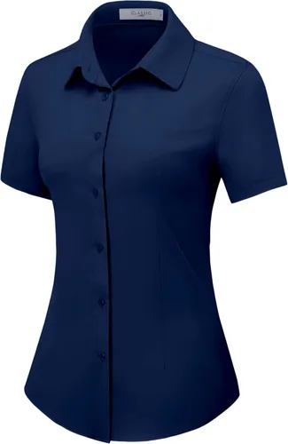 Vista 8 de Camisas con botones para mujer, de manga corta, elásticas, sin arrugas, para negocios, casual, oficina, blusa de trabajo