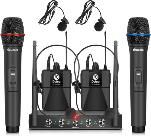 Vista 12 de Debra Audio Pro UHF Sistema de micrófono inalámbrico de 4 canales con micrófonos de mano, lavalier y diadema inalámbricos, receptor de metal, ideal