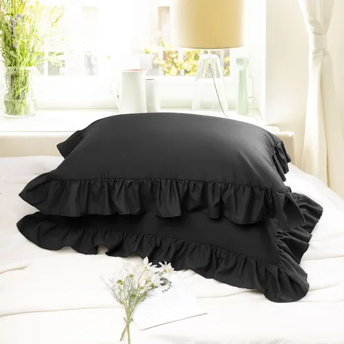 Vista 7 de PiccoCasa Juego de 2 fundas de almohada con volantes, sobre estándar, color Negro
