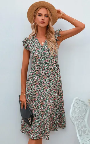 Vista 2 de Angashion Vestido de verano para mujer con cuello en V floral manga casquillo vestido midi hasta la rodilla vestido de verano