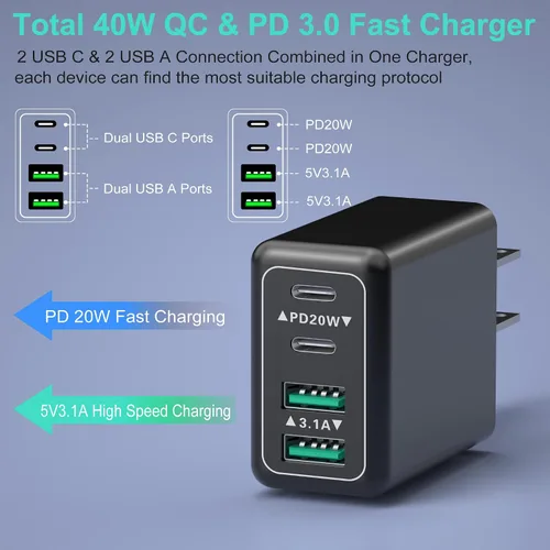 Vista 2 de Costyle - Cargador de pared USB C de 40 W, bloque de cargador rápido USB C de 4 puertos, adaptador de corriente PD dual+enchufe de pared QC