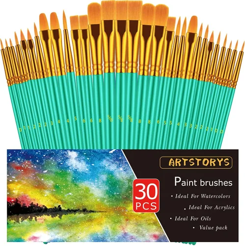 Vista 8 de Juego de pinceles de pintura, 30 piezas de pinceles de pintura para pintura acrílica, pincel de pintura al óleo, acuarela y acrílica, pinceles