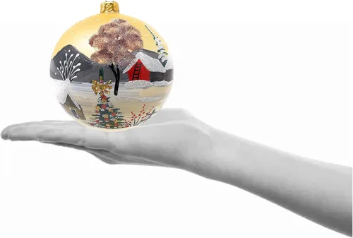 Vista 4 de Adorno navideño de vidrio soplado de Polish Gallery, bola grande dorada, colgante, 5 pulgadas/120 mm, pintado a mano, paisaje invernal campestre