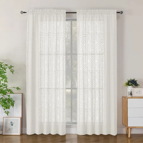 Vista 54 de Simplebrand Cortinas traslúcidas negras de cocina de 24 pulgadas de largo, 2 paneles, filtrado de luz, geométrico jacquard con textura, cortinas