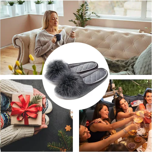 Vista 6 de GRITHEIM Pantuflas de casa de terciopelo con pompones mullidos para mujer, de espuma viscoelástica, cómodas, de punto de felpilla, para dormitorio