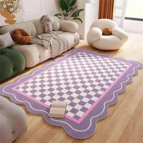 Vista 9 de Alfombra de área irregular morada, una alfombra decorativa moderna y simple impresa con patrones de tablero de ajedrez morado y blanco, tapete