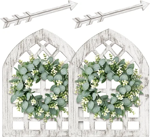Vista 10 de Marco de ventana de madera rústica con corona verde y flechas para decoración de pared, marco de ventana estilo granja colgante, decoración falsa