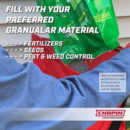 Vista 5 de Chapin 84700A - Esparcidor de semillas profesional de mano de 25 libras con bolsa impermeable, engranajes cerrados, deflector trasero, correa