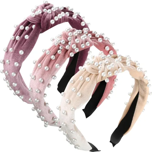 Vista 10 de WILLBOND Diadema anudada con perlas de terciopelo para mujer, accesorios para el cabello (beige, malva pálido, negro)