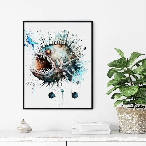 Vista 2 de WIldlife - Póster impreso de pez pescador, impresiones abstractas de animales de acuarela, obras de arte de naturaleza para sala de estar