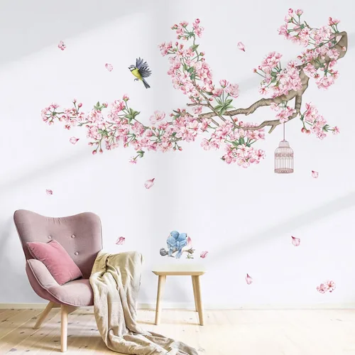 Vista 2 de decalmile Pegatinas de pared con diseño de ramas de cerezo en flor rosa