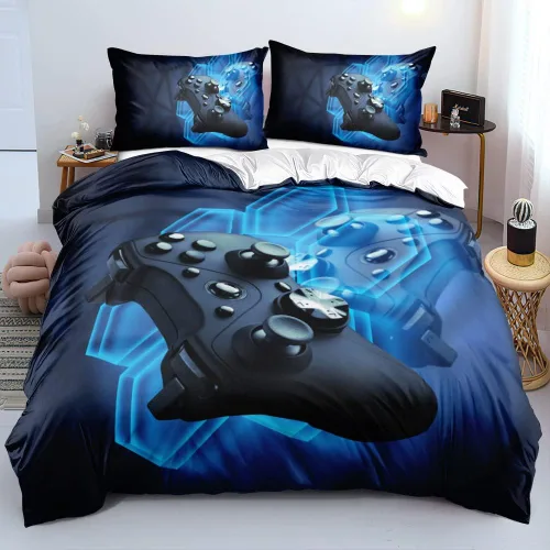 Vista 17 de Juego de funda de edredón de tamaño individual con estampado 3D de Gamepad azul para niños, fundas de edredón y fundas de almohada para dormitorio