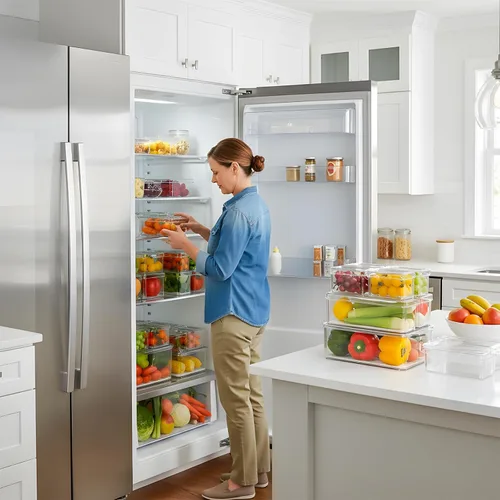 Vista 3 de Paquete de 14 contenedores organizadores de almacenamiento para refrigerador, contenedores transparentes apilables para almacenamiento de alimentos
