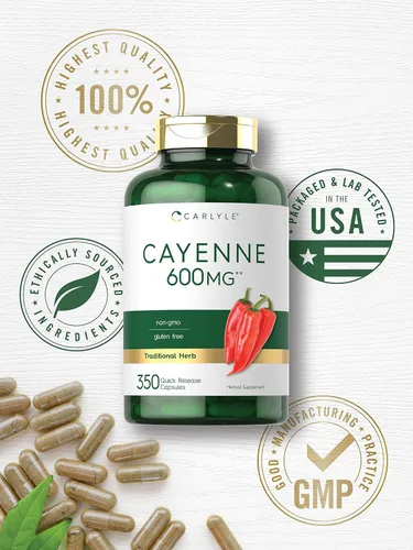 Vista 5 de Carlyle Cápsulas de Pimienta Cayena 350 Pastillas Suplemento de extracto sin OMG y sin gluten