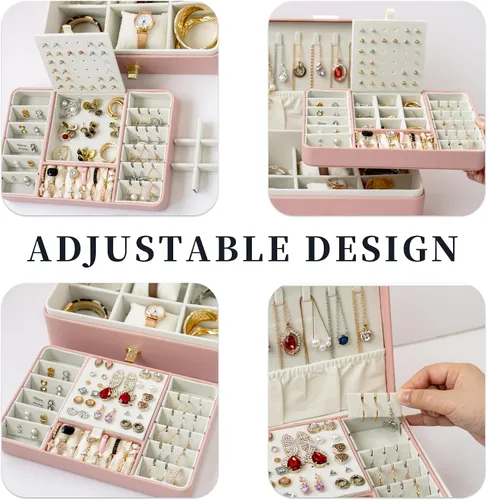Vista 5 de Uhelper Organizador de aretes para mujer, joyero grande de 2 capas con espejo, tarjeta de regalo hecha a mano y papel de regalo, soporte de joyería