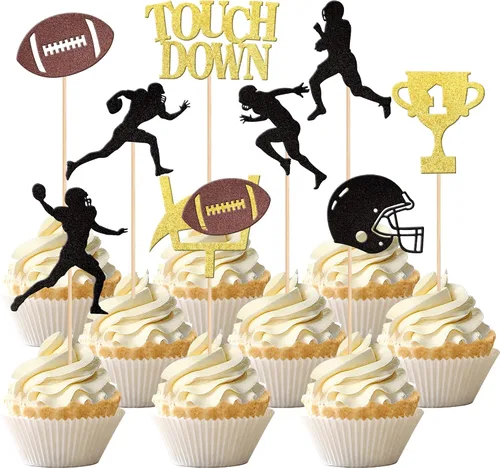 Vista 9 de 36 piezas de adornos para cupcakes de pelota de rugby, trofeo de fútbol americano, selecciones de cupcakes de fútbol americano, decoración