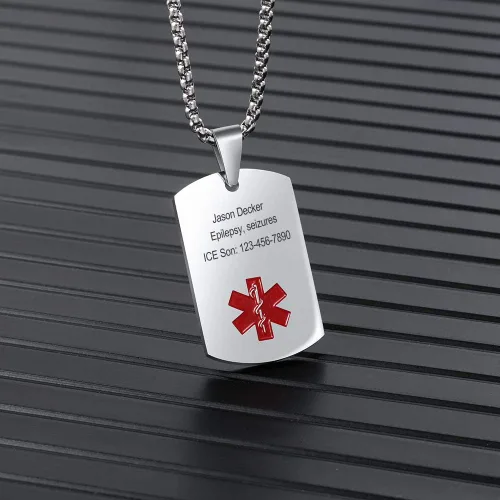 Vista 6 de Collar de alerta médica personalizada de acero inoxidable para hombres y mujeres, etiqueta de identificación médica de emergencia grabada para él