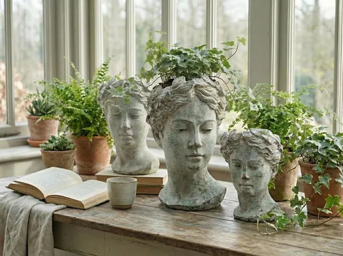 Vista 2 de Colección Abbott - Maceta de cabeza de diosa - Maceta de cemento extra pequeña para interior y exterior - Estatua de cabeza de mujer griega para Gris